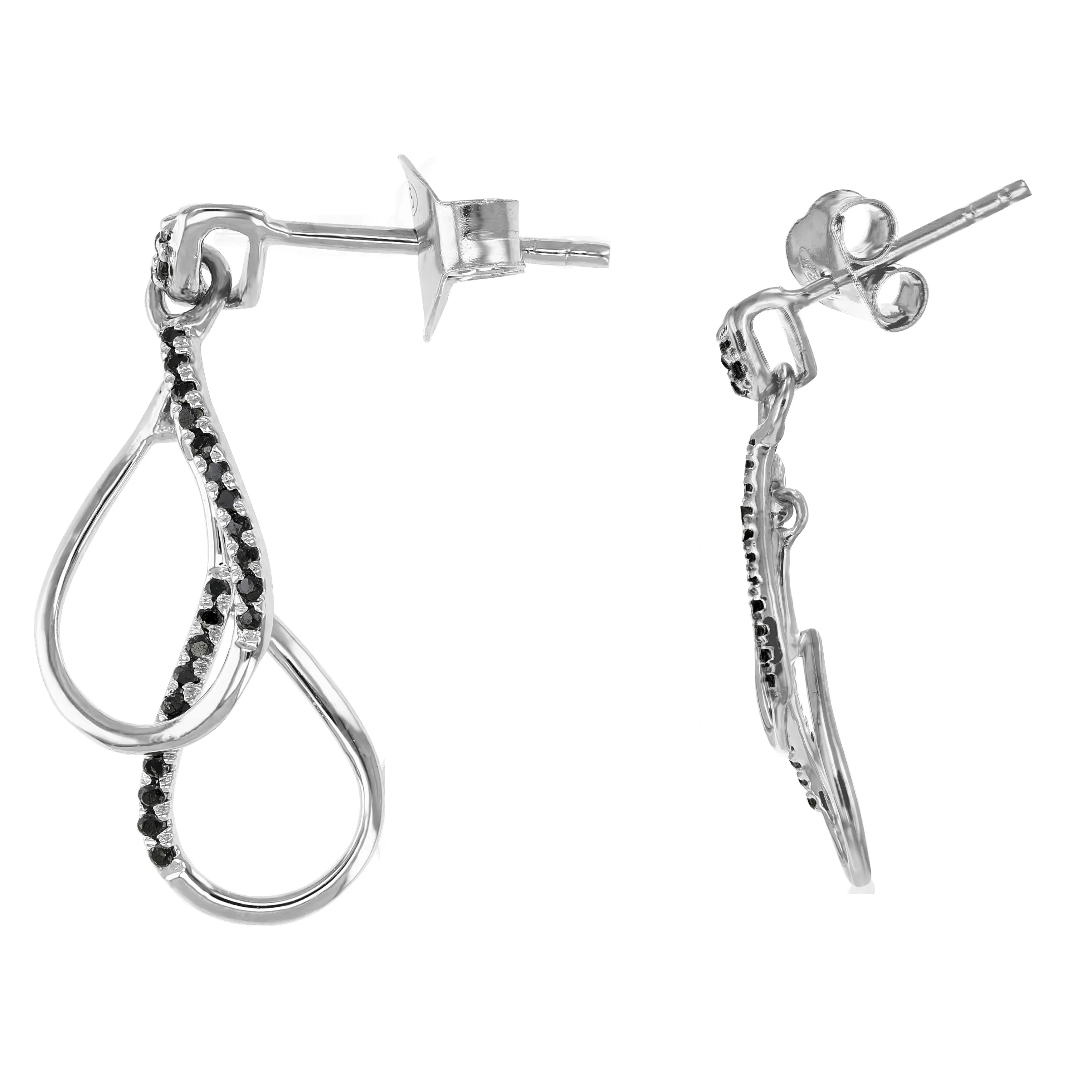 0.16 cttw Black Diamond Dangle Earrings .925 Sterling Silver Prong Set 3/4 Inch