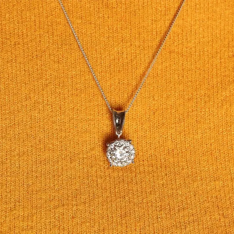 14k White Gold Moissanite Halo Necklace 1ct Center Stone