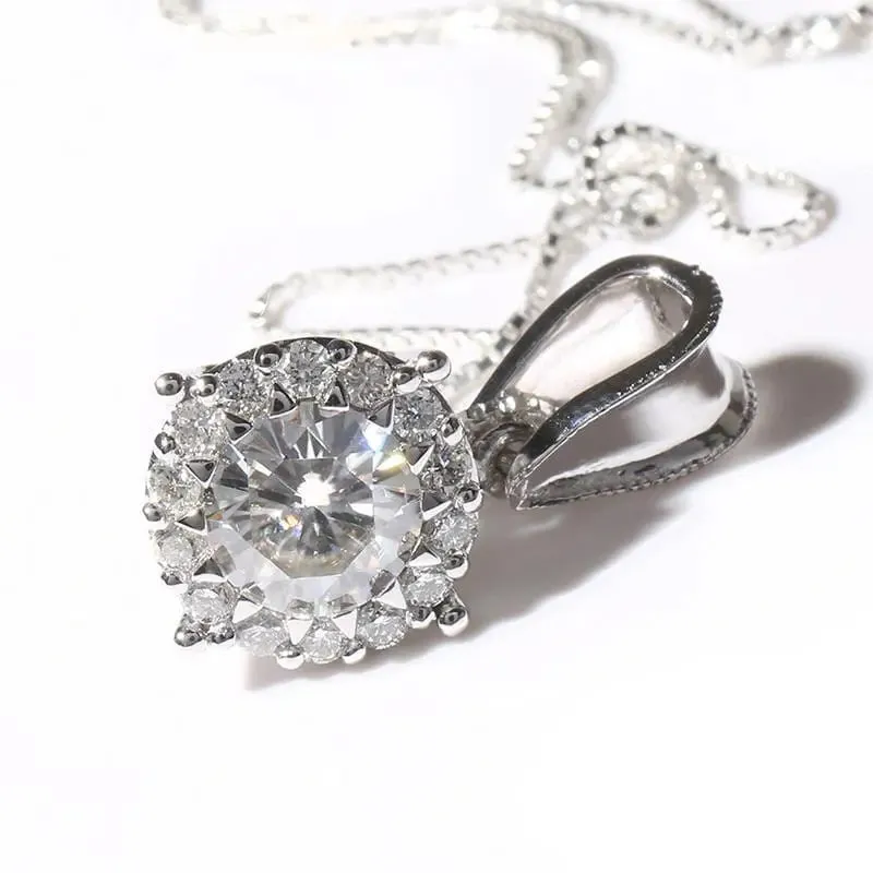 14k White Gold Moissanite Halo Necklace 1ct Center Stone