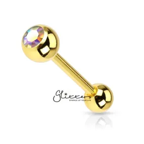 18K Gold I.P Over Surgical Steel Tongue Bar with Single Aurora Borealis Crystal