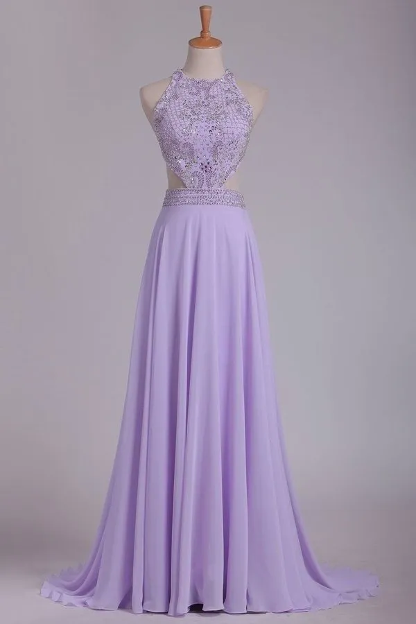 2024 Scoop Prom Dresses A Line Chiffon With Beading PH619B49