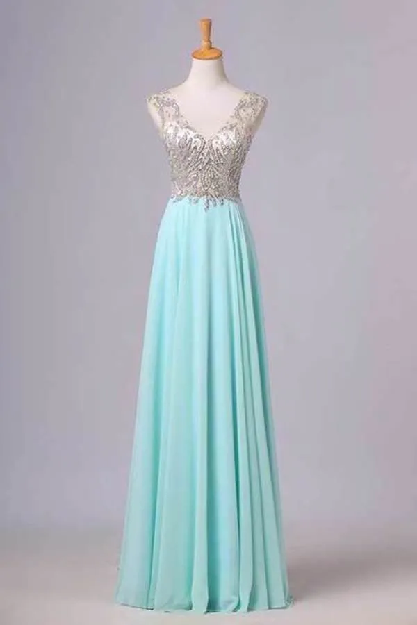 2024 V Neck Prom Dresses A Line Beaded Bodice Sweep Train Chiffon PZRC36J5