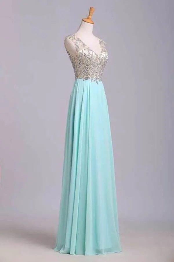 2024 V Neck Prom Dresses A Line Beaded Bodice Sweep Train Chiffon PZRC36J5