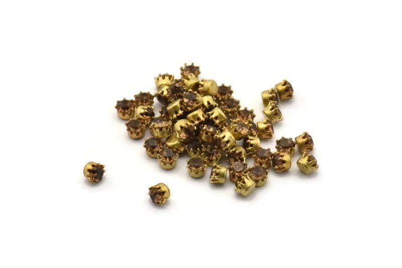 40 Vintage Tea Crystal Swarovski Rhinestone Bead Raw Brass Prong Settings 4.5 Mm T004