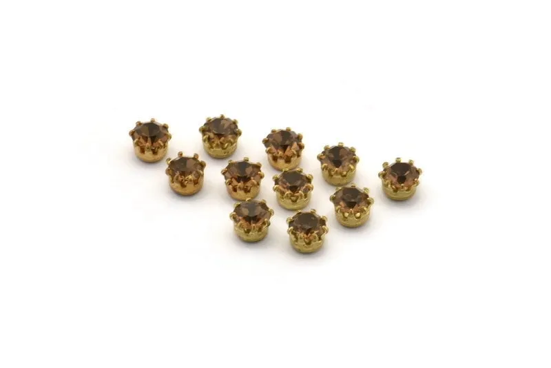 40 Vintage Tea Crystal Swarovski Rhinestone Bead Raw Brass Prong Settings 4.5 Mm T004