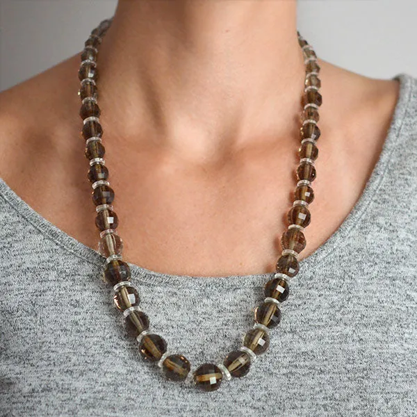 Art Deco Smoky Topaz   Rock Quartz Crystal Faceted Bead Necklace