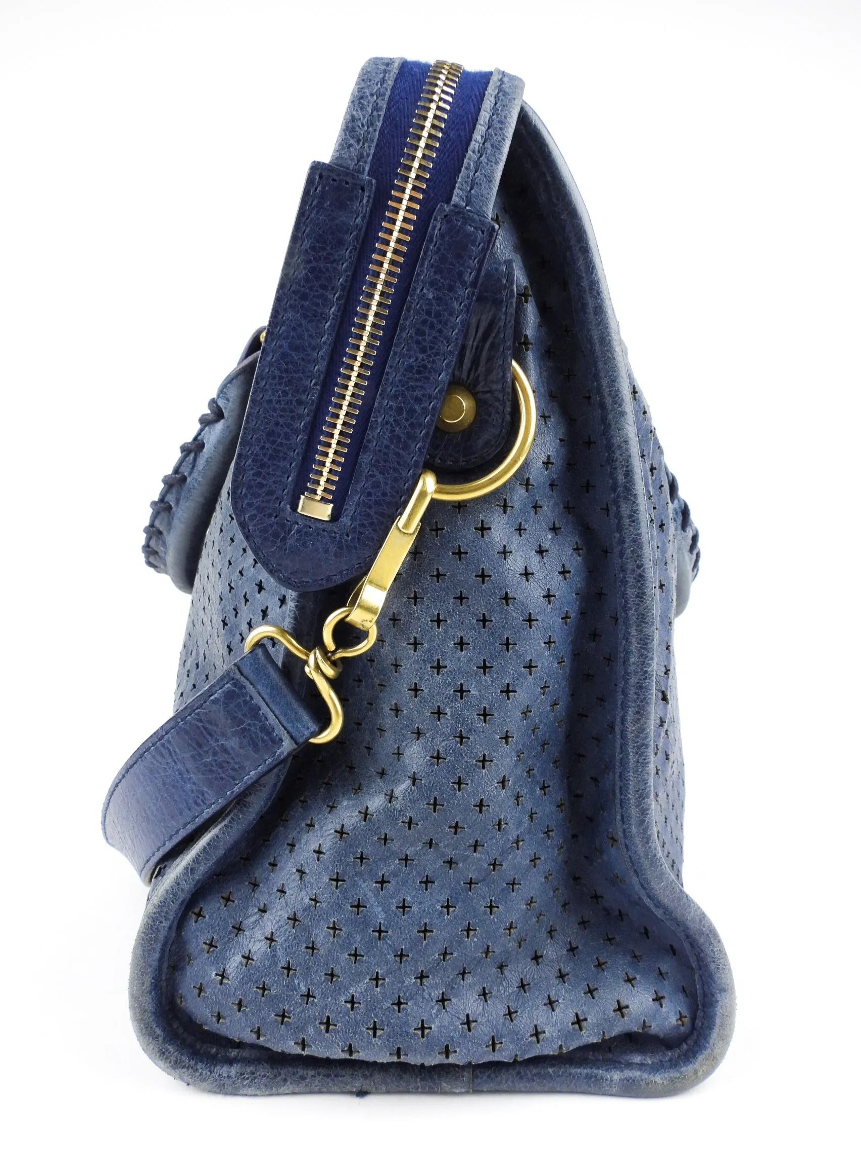 Balenciaga Blue Perforated Leather Moto Classic City Bag