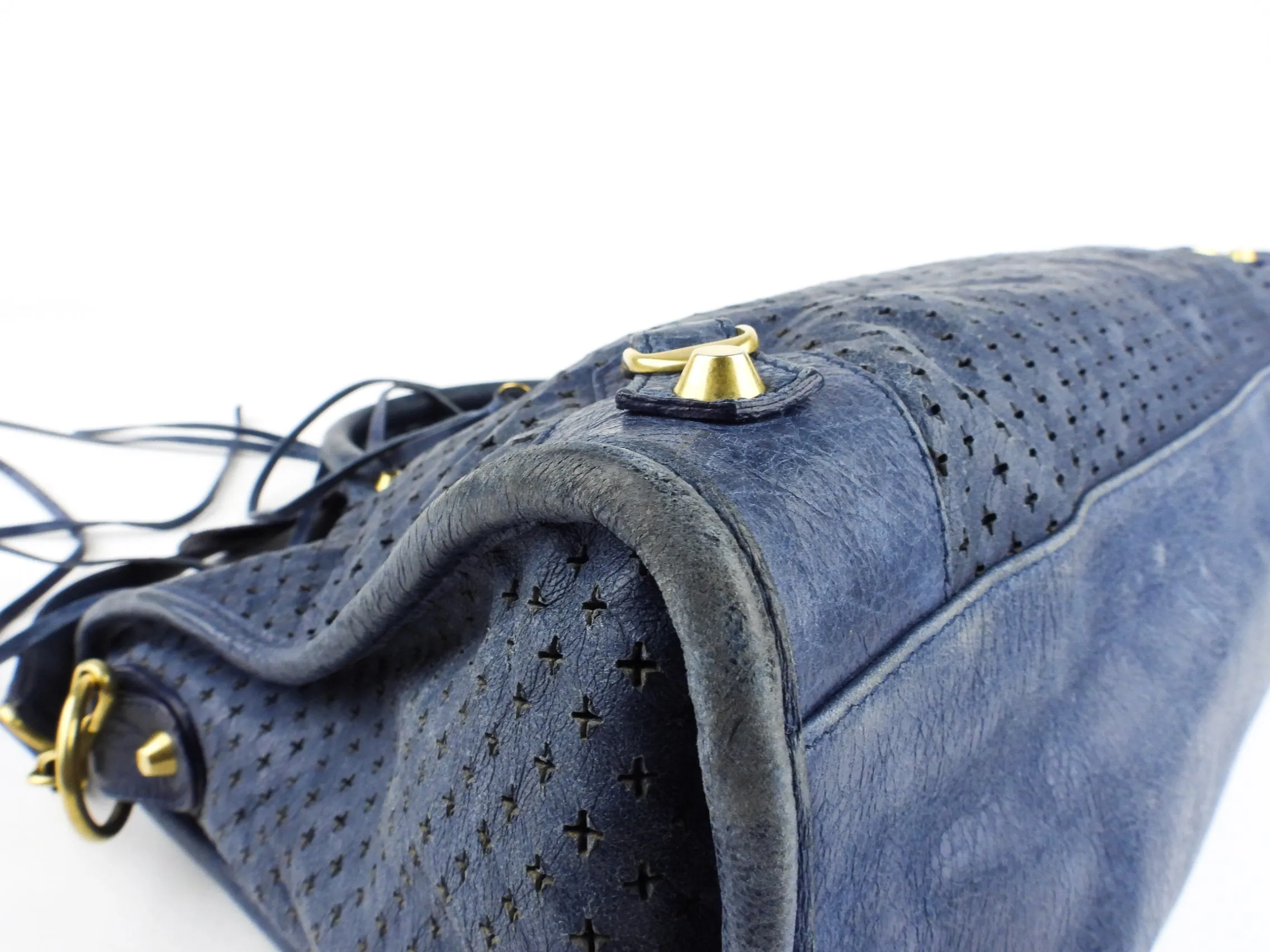 Balenciaga Blue Perforated Leather Moto Classic City Bag