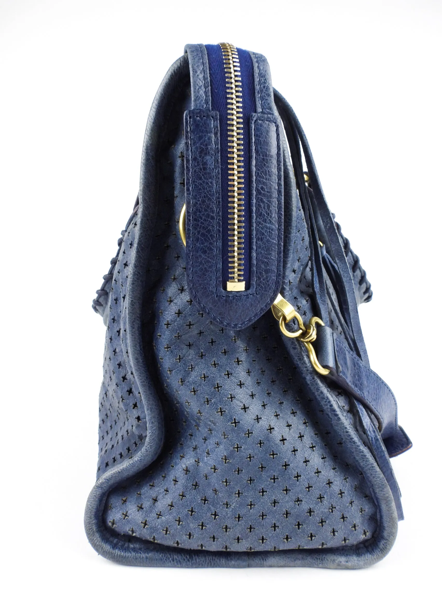 Balenciaga Blue Perforated Leather Moto Classic City Bag