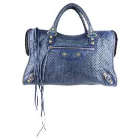 Balenciaga Blue Perforated Leather Moto Classic City Bag