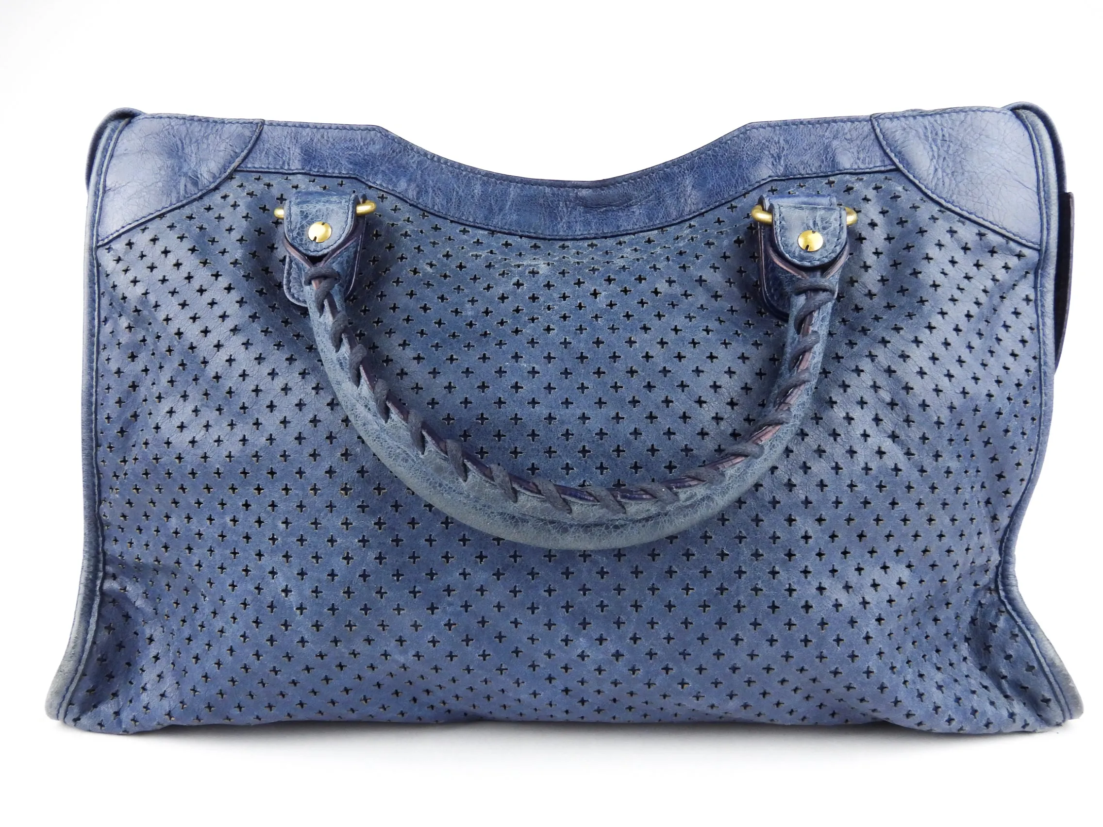 Balenciaga Blue Perforated Leather Moto Classic City Bag