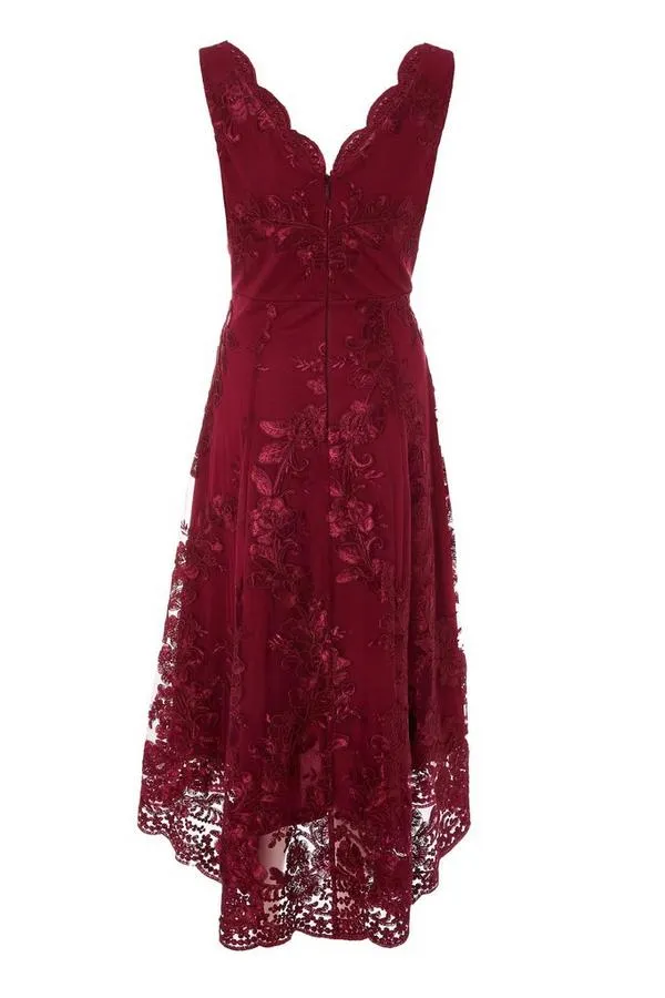 Berry Embroidered Dip Hem Dress