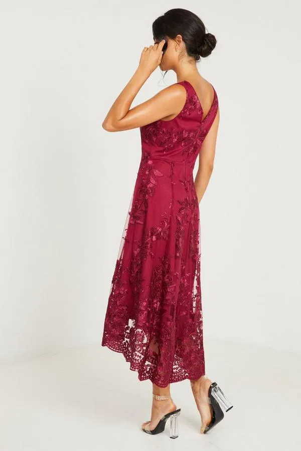 Berry Embroidered Dip Hem Dress