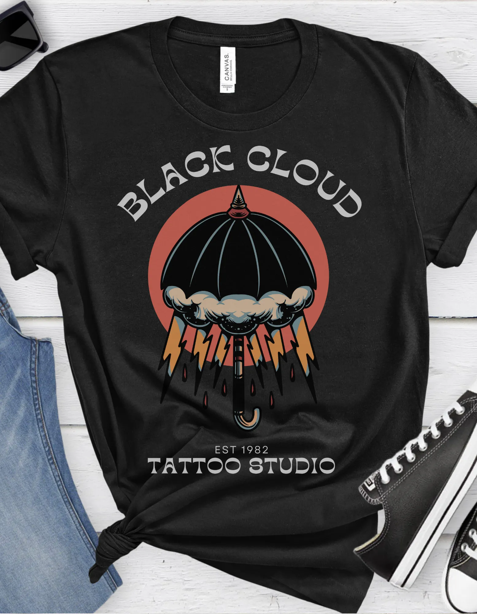 Black Cloud Umbrella Lightning Bolt Tattoo T-shirt / Unisex Vintage Old School Traditional Tattoo Tee Shirt / Punk Rock Clothing Tshirt