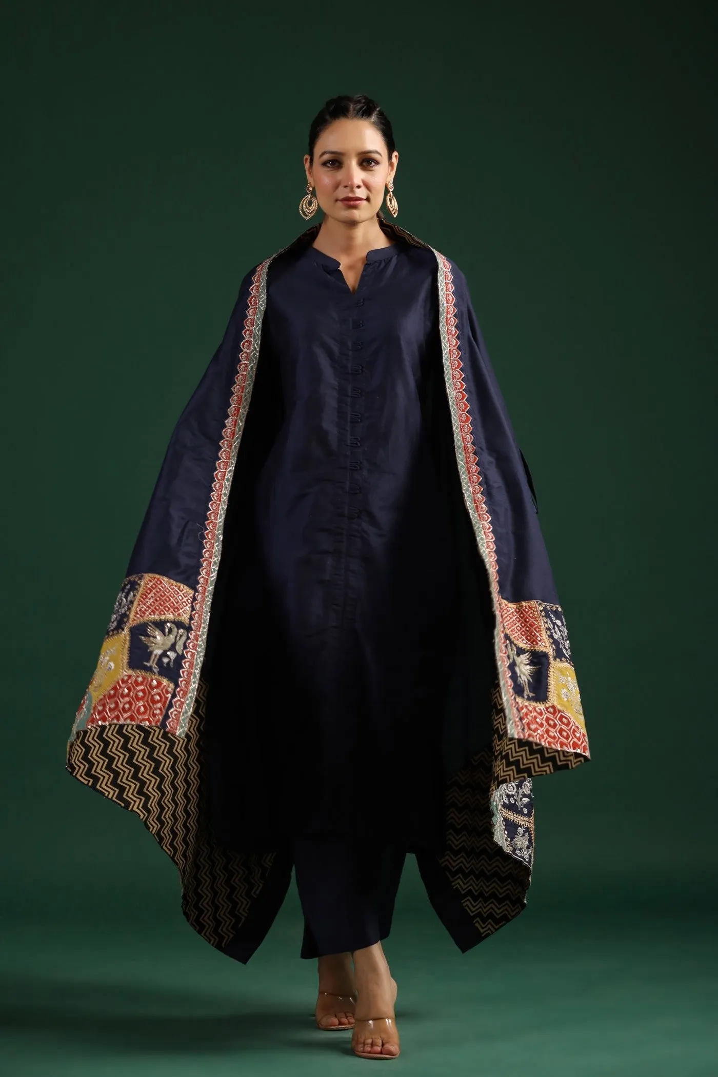 Black Ethnical Embroidered Dola Silk Cape Set