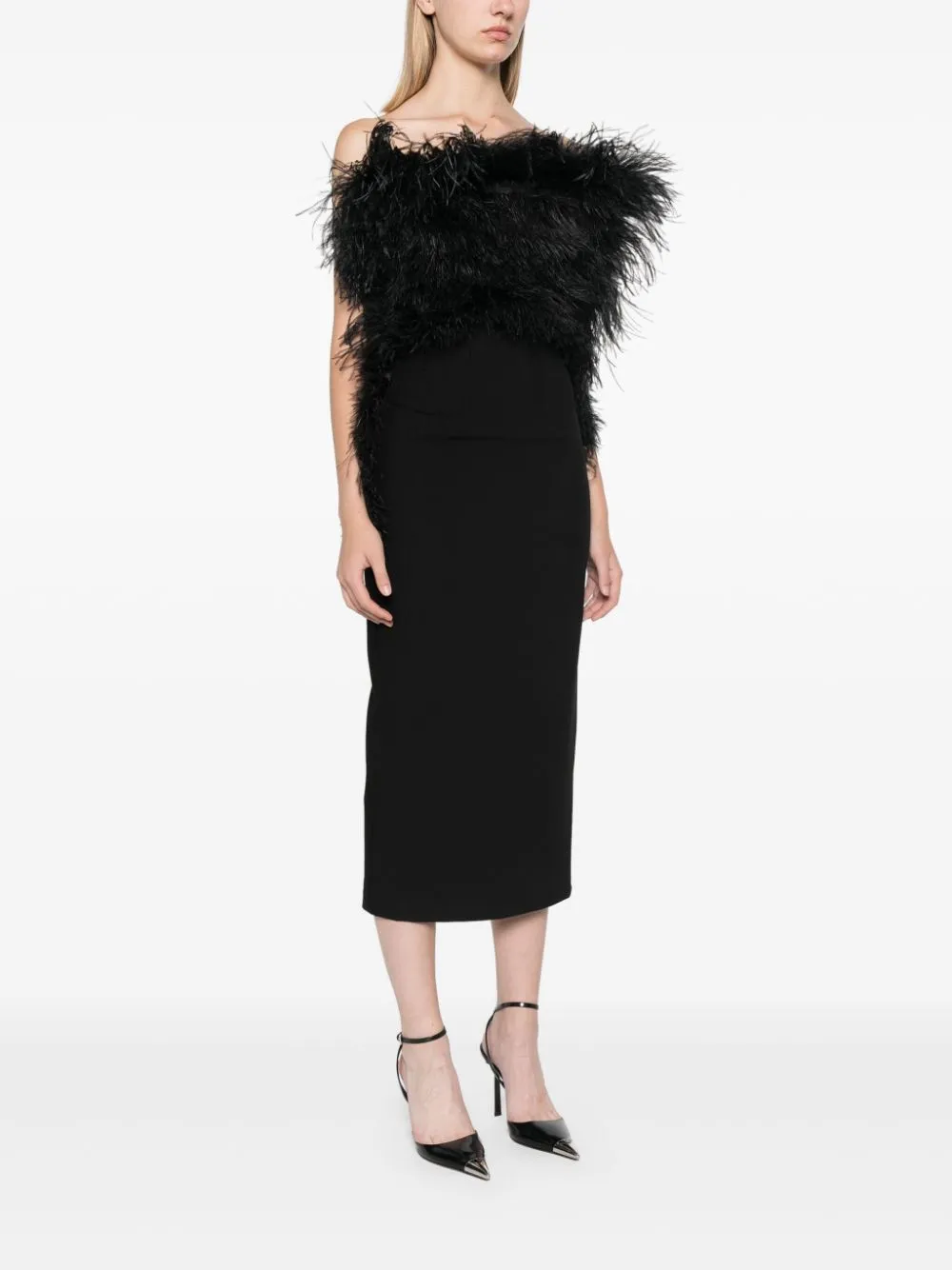 BLACK INTERLOCK TWILL WEAVE OSTRICH FEATHER DRESS