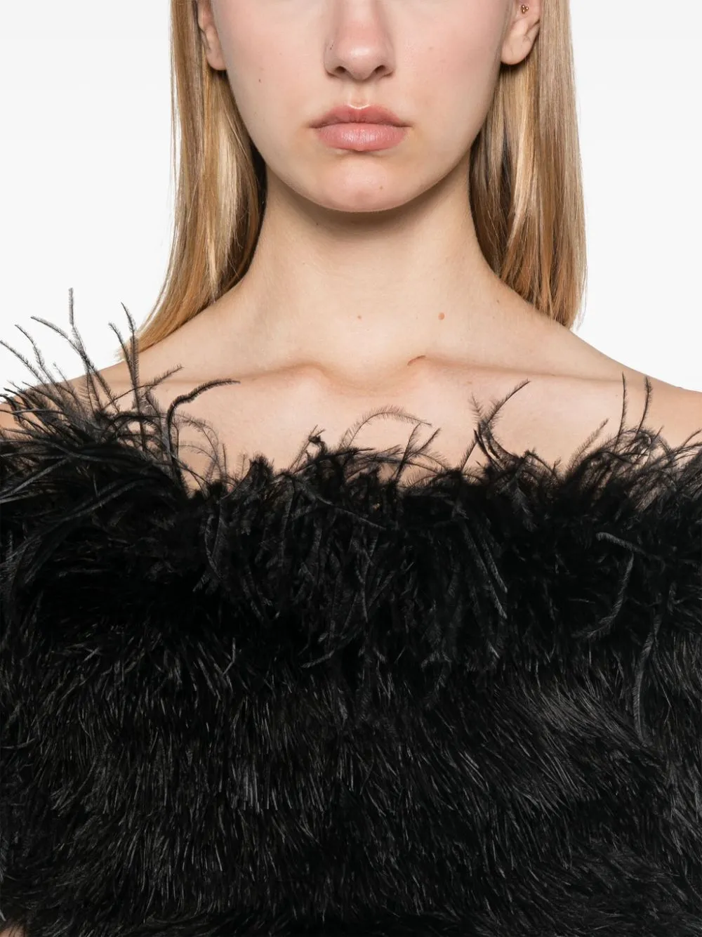 BLACK INTERLOCK TWILL WEAVE OSTRICH FEATHER DRESS