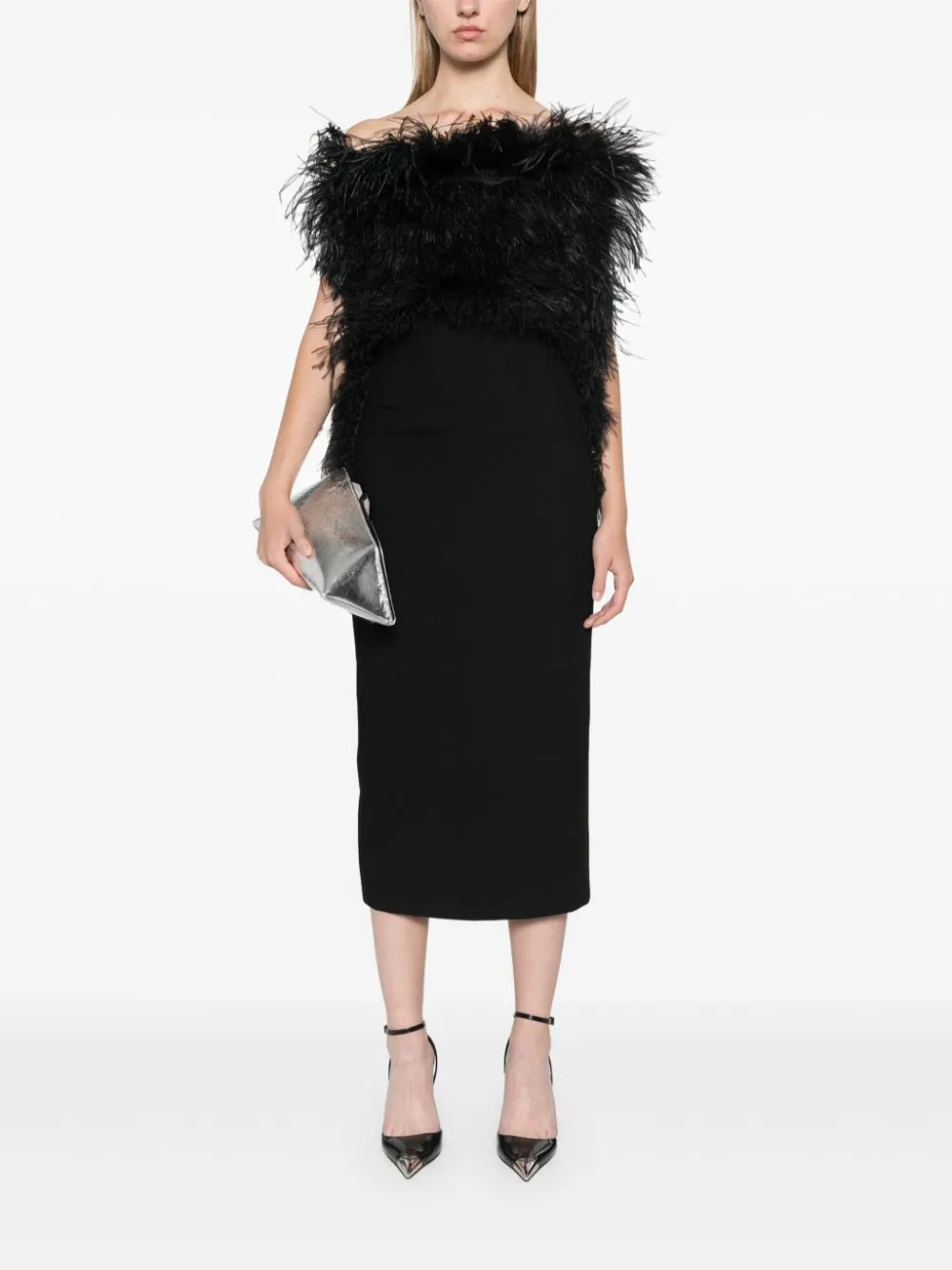 BLACK INTERLOCK TWILL WEAVE OSTRICH FEATHER DRESS