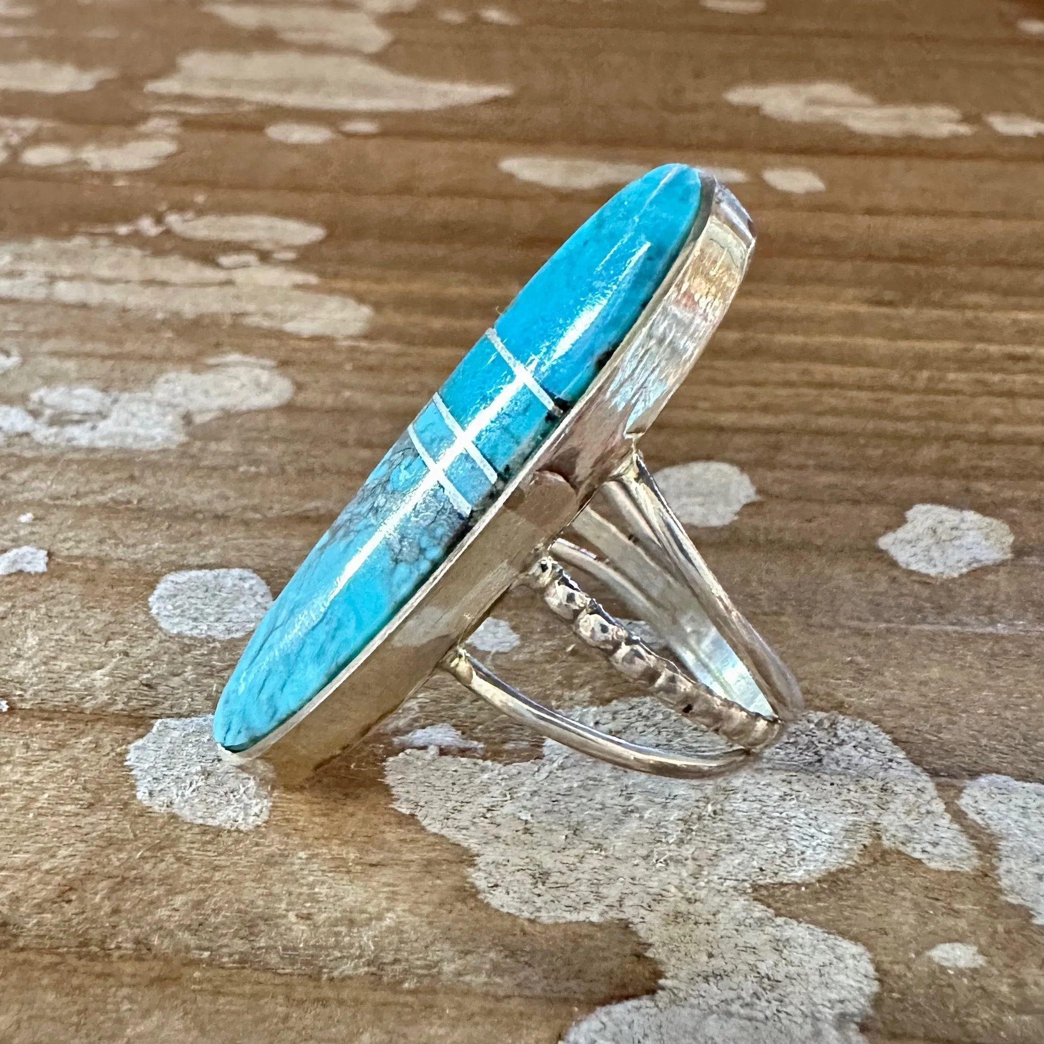 BLUE HORIZON Sterling Silver and Turquoise Inlay Ring by Harold Smith  Size 6 1/2