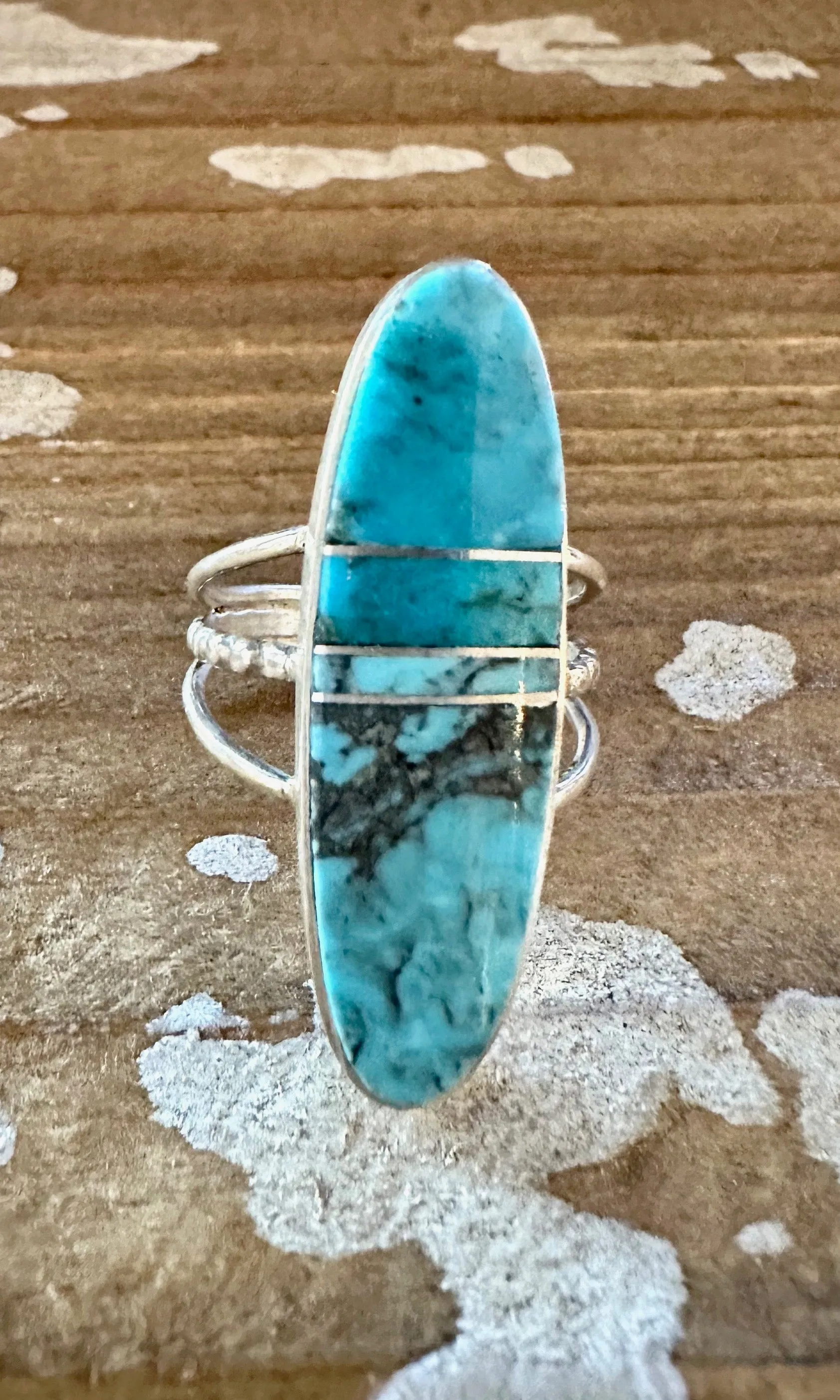 BLUE HORIZON Sterling Silver and Turquoise Inlay Ring by Harold Smith  Size 6 1/2