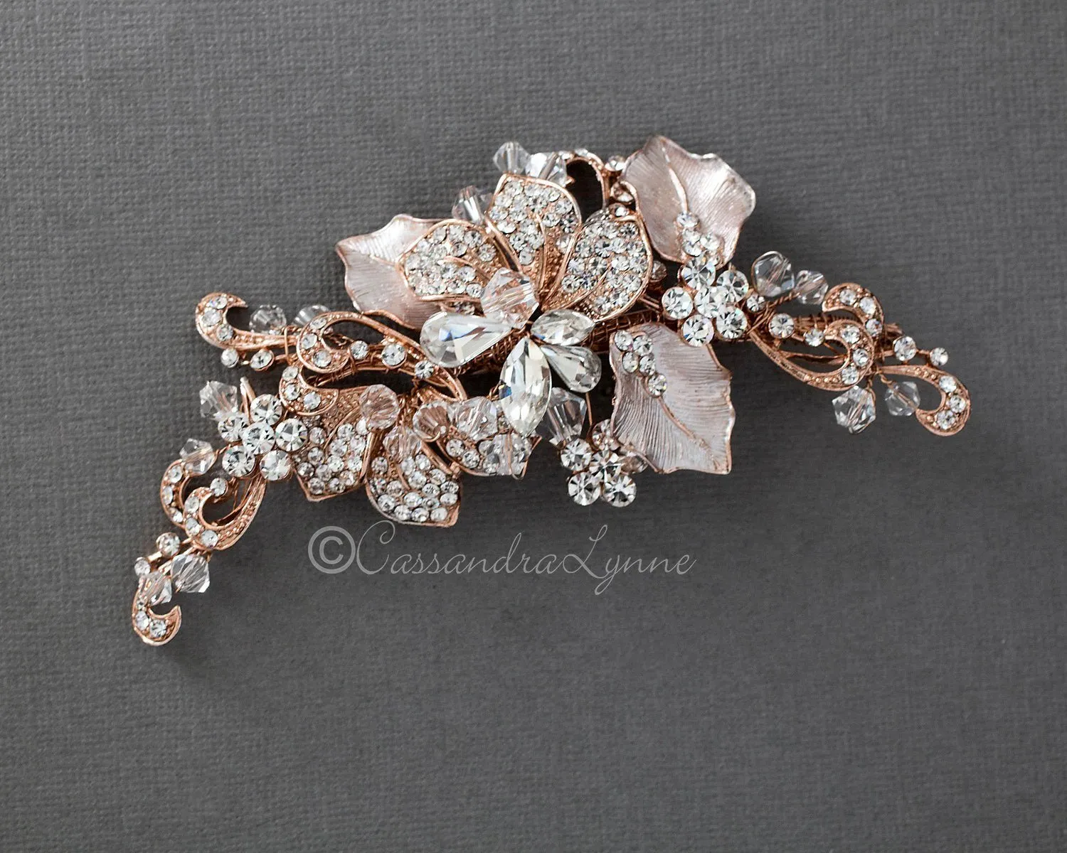 Bridal Headpiece of Frosted Rose Gold and Crystal Leaves