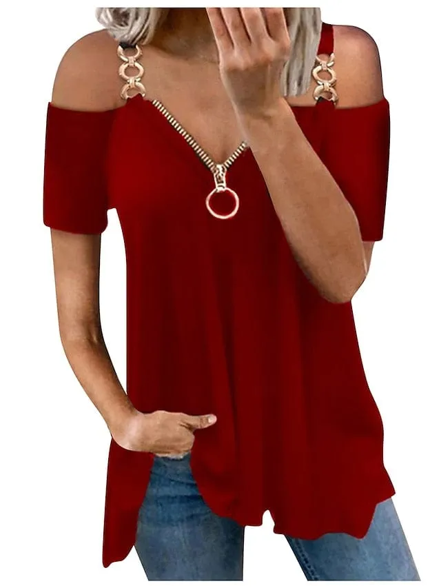 Burgundy Cold Shoulder Tunic Tee for Women