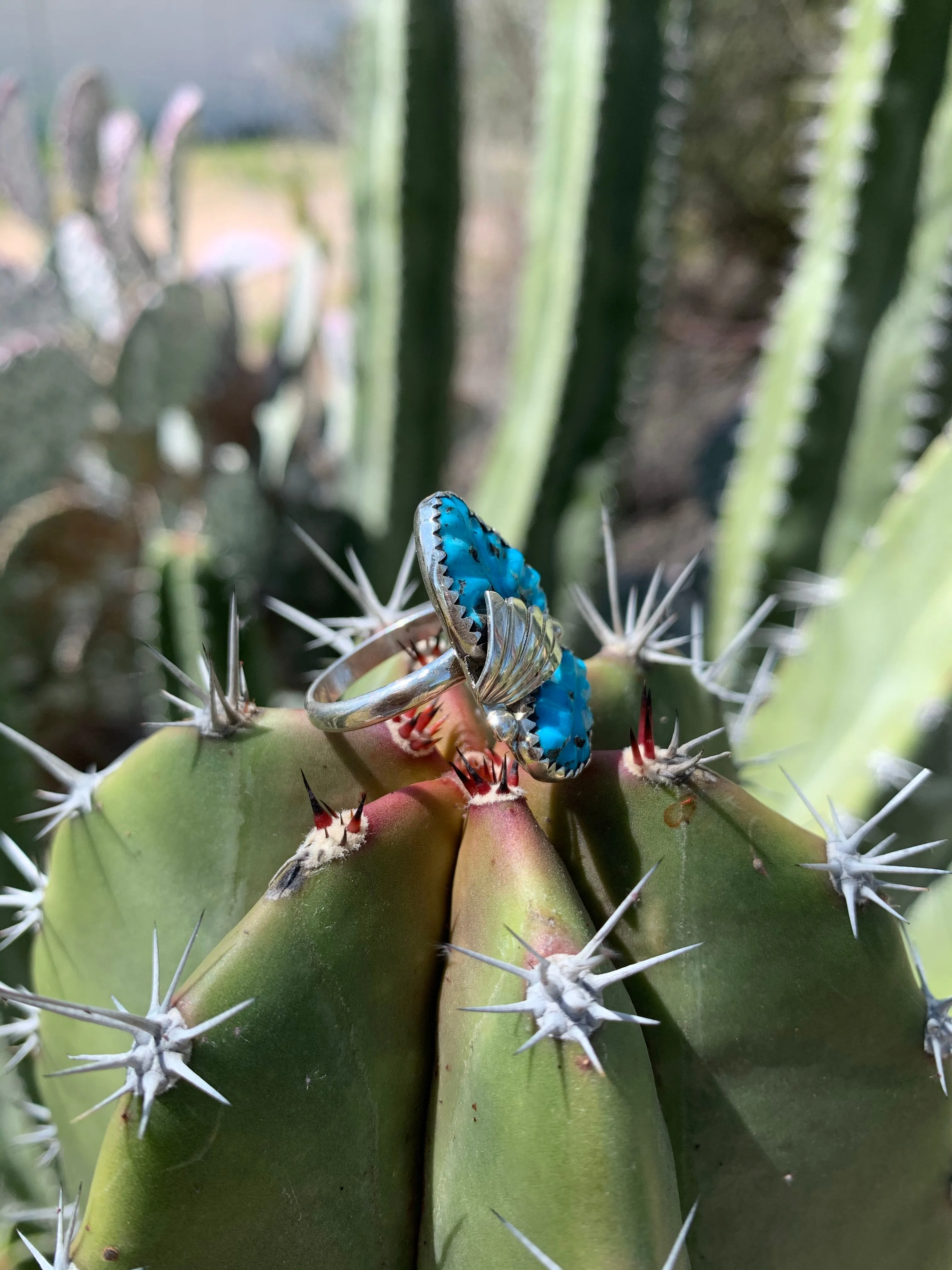 Carved Feather Turquoise ring size 7 3/4