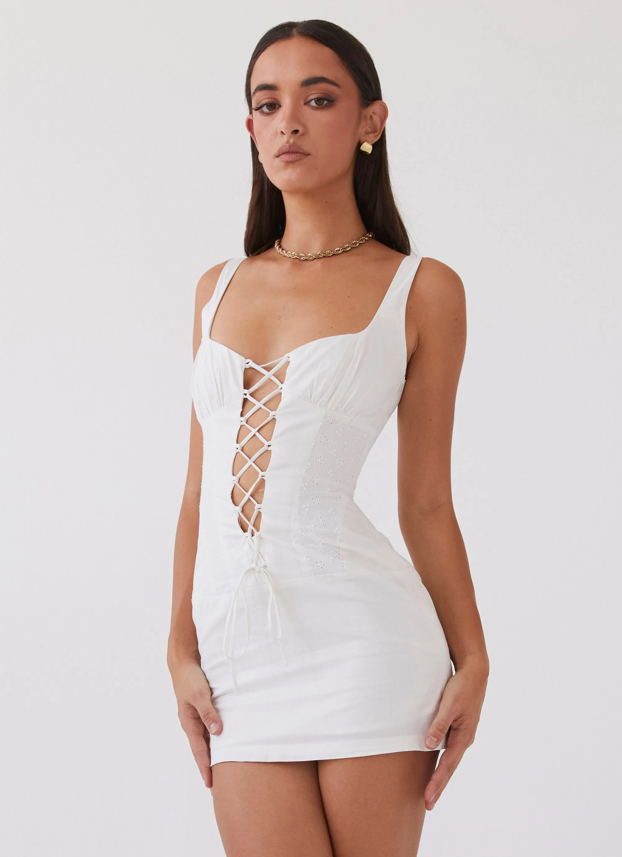 Casey Lace Up Mini Dress - White