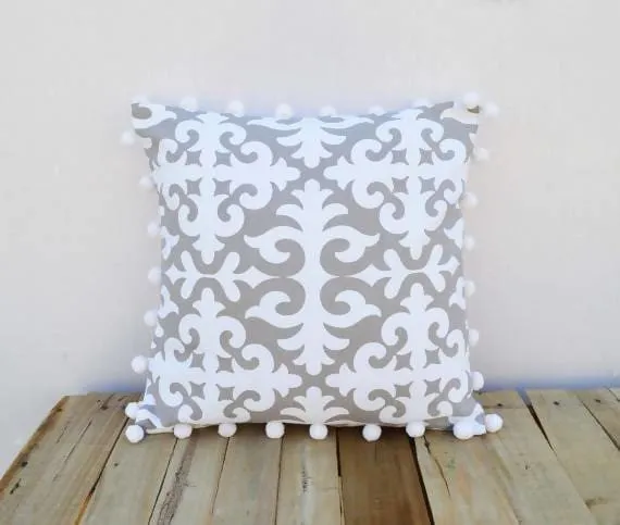 Christmas pillow cover, moroccan print, white pompom lace, 100% cotton, bohemian, tribal, size available