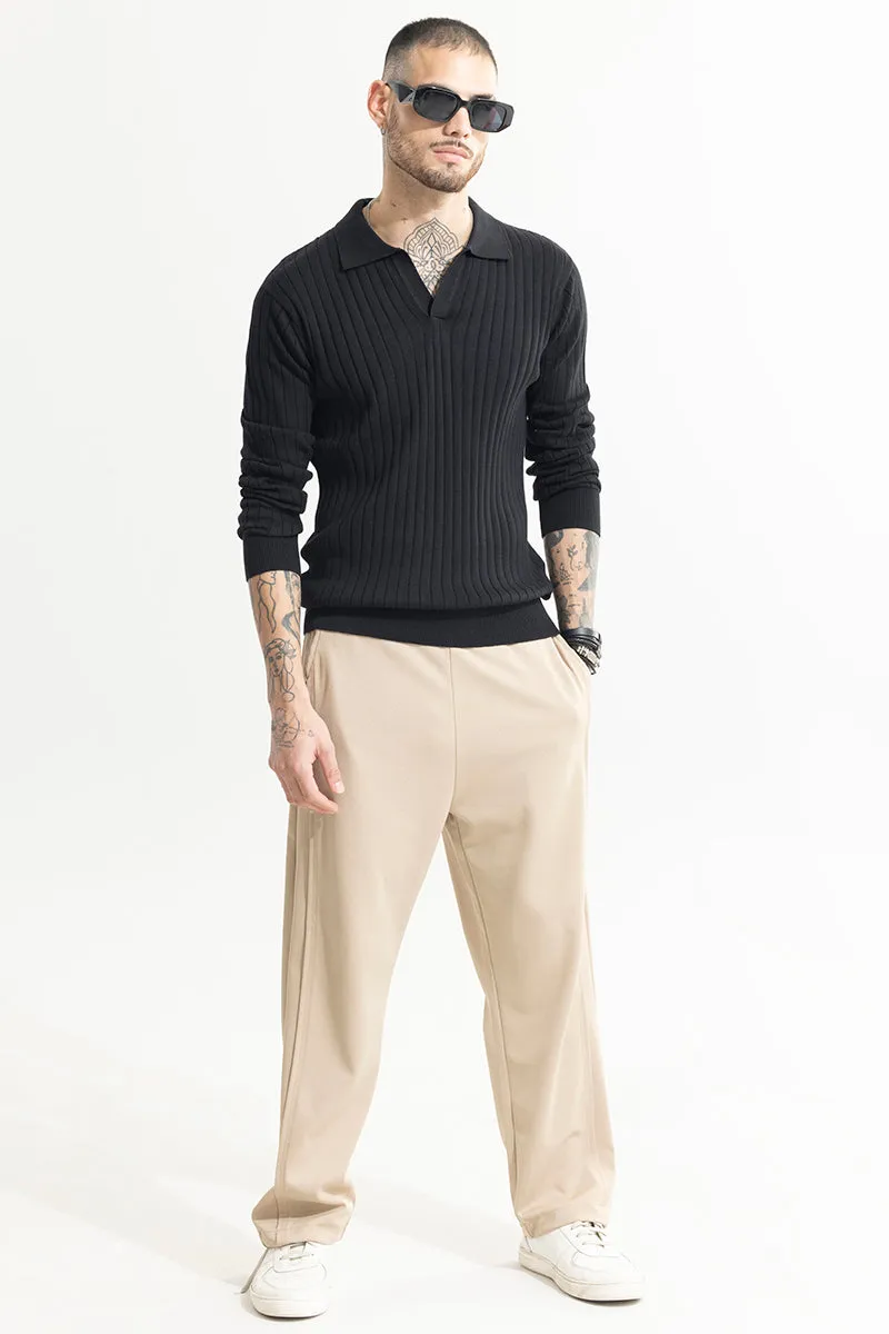 Chunky Ribbed Knitted Black Polo T-Shirt