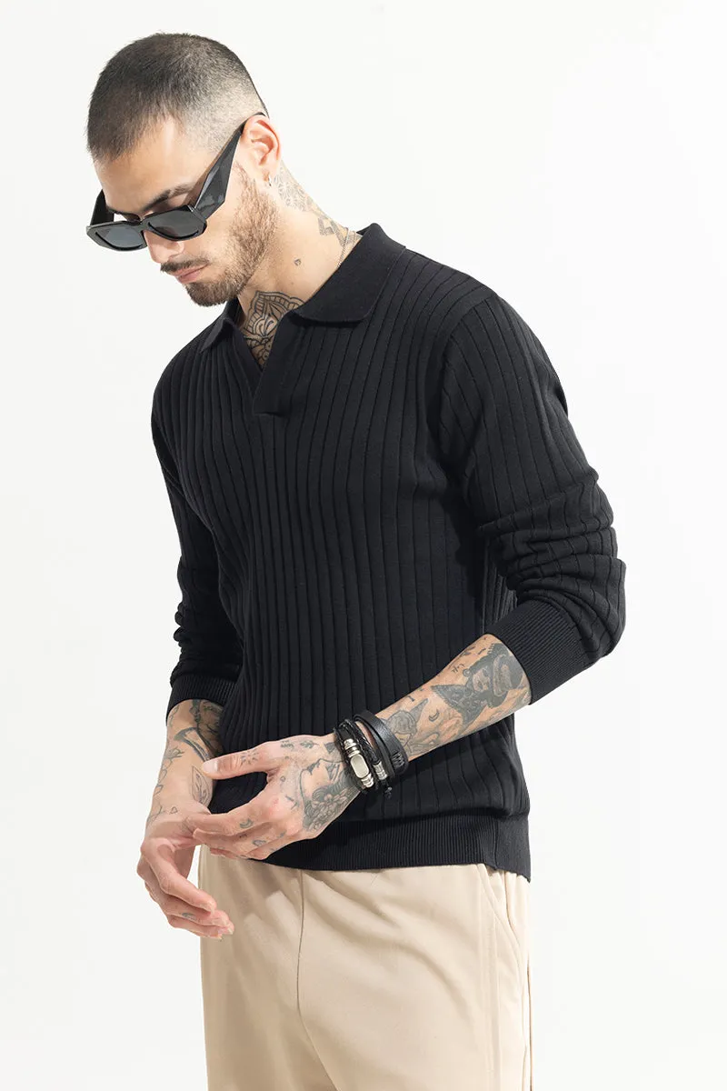 Chunky Ribbed Knitted Black Polo T-Shirt