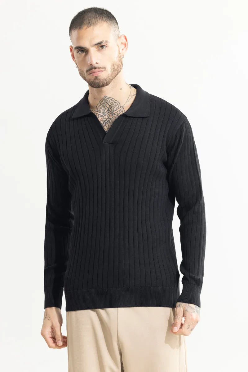 Chunky Ribbed Knitted Black Polo T-Shirt