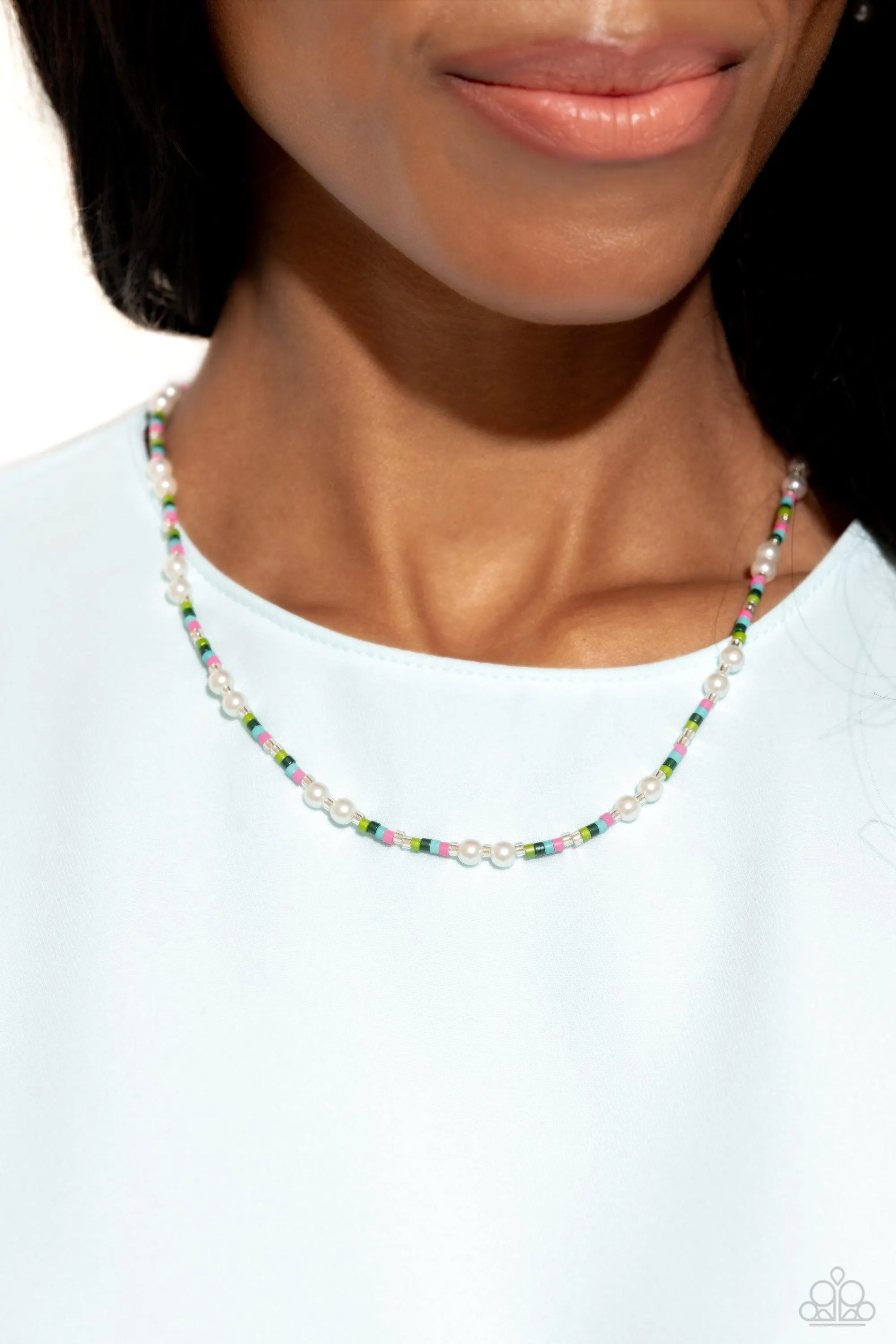 Colorblock Charm Green & Multi Seed Bead and Pearl Necklace - Paparazzi Accessories