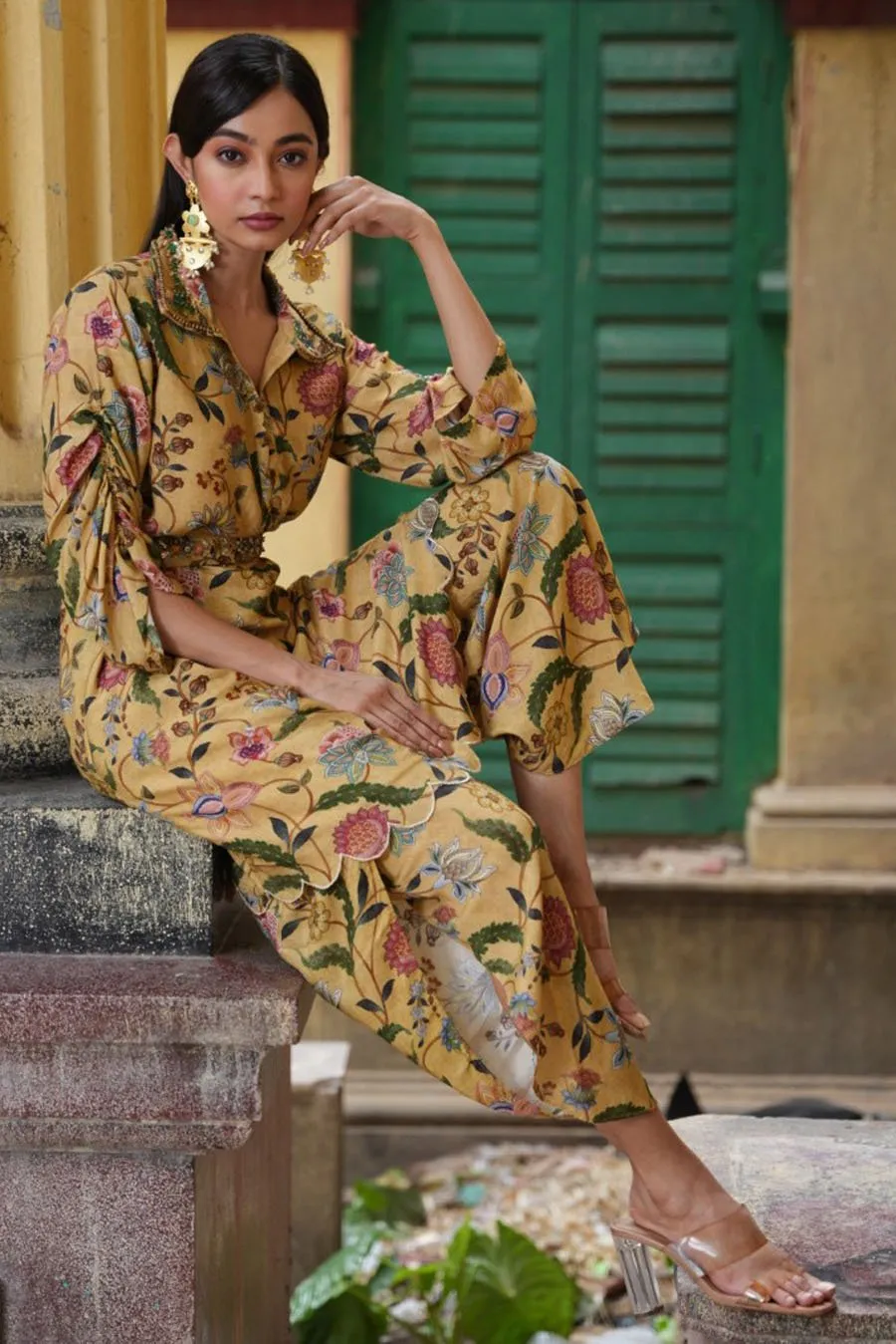 Cream Floral Embellished Tunic with Tulip Pant