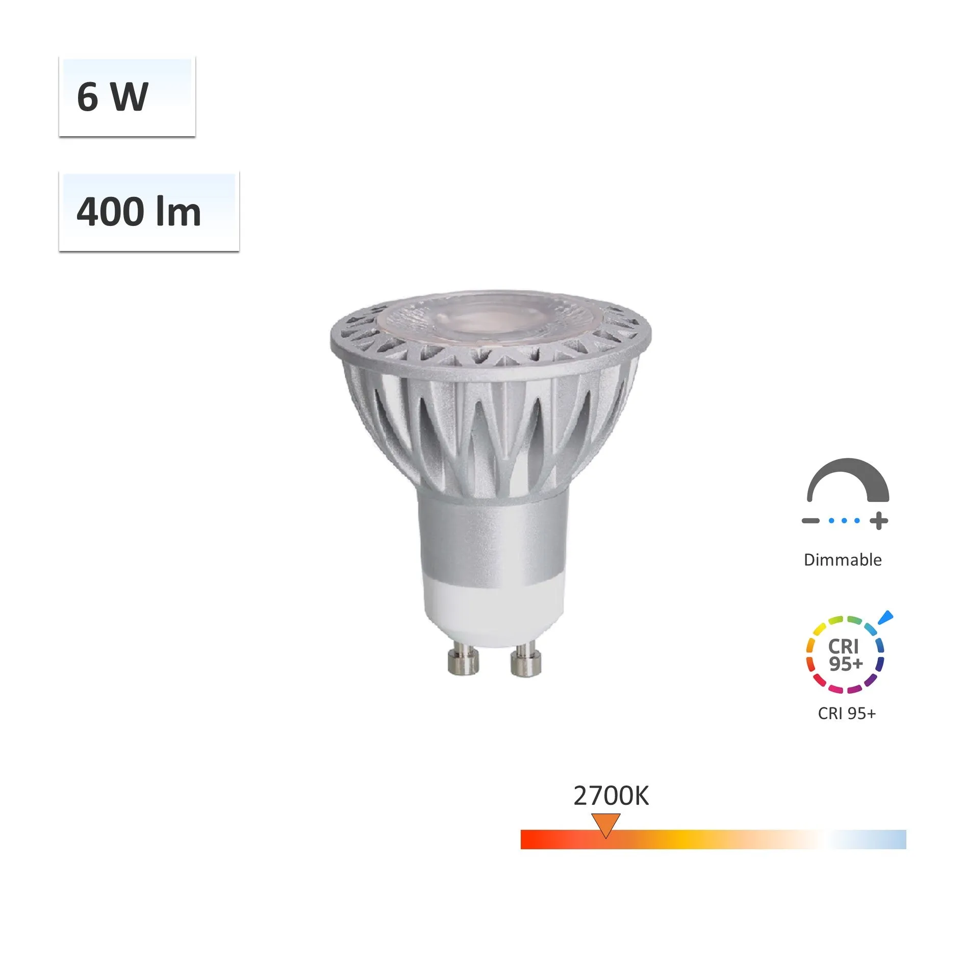 CRI-MAX CRI 95  GU10 6W Dimmable LED Spotlight 2700K - 6pcs