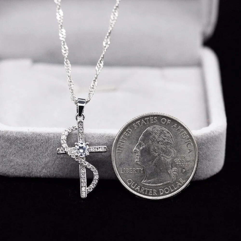 Cubic Zirconia Silver Cross with Wave Accent Necklace