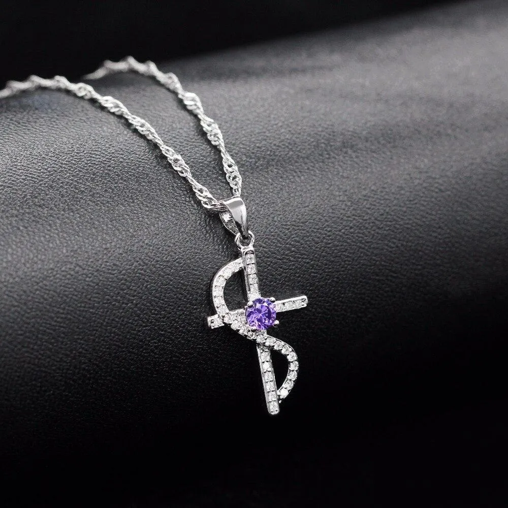 Cubic Zirconia Silver Cross with Wave Accent Necklace