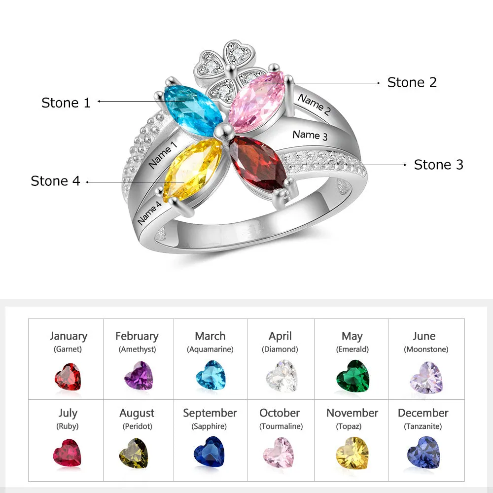 Custom 4 Birthstone Butterfly Name Ring 4 Engraved Names Mother's Ring