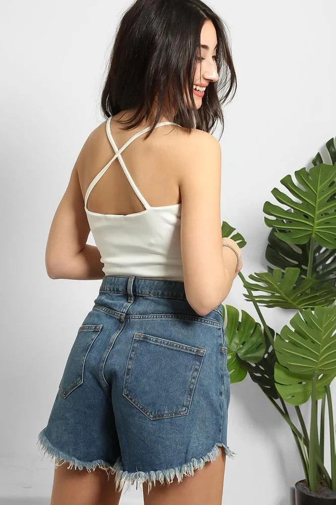 Distressed Hem High Waist Denim Shorts