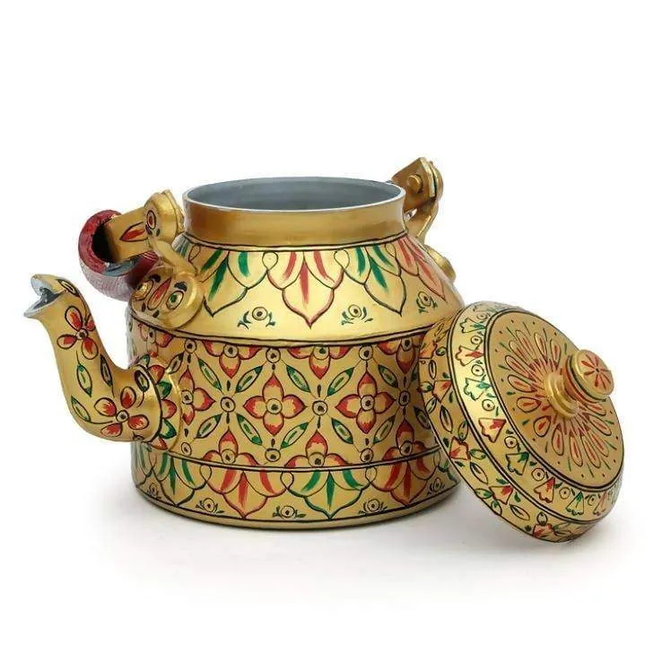 Elegant Golden Hand Painted Tea Pot in Aluminium