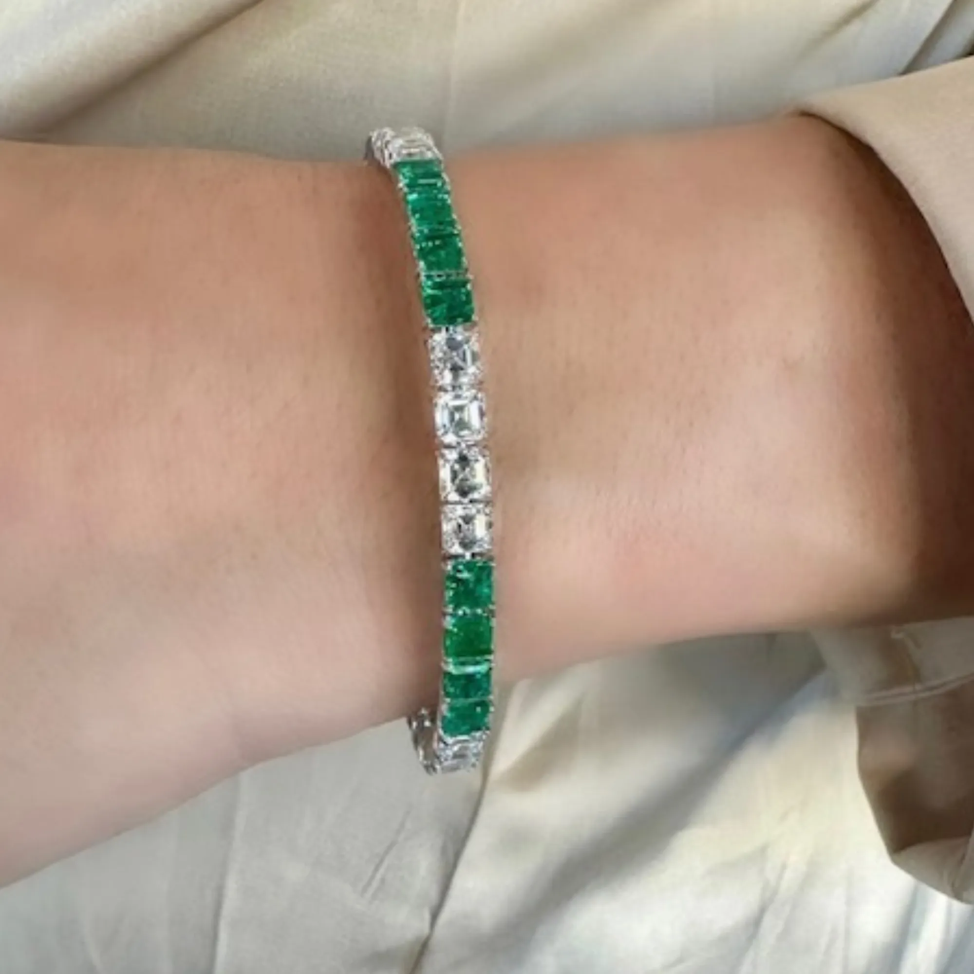 Emerald and Asscher Cut Diamond Tennis Bracelet