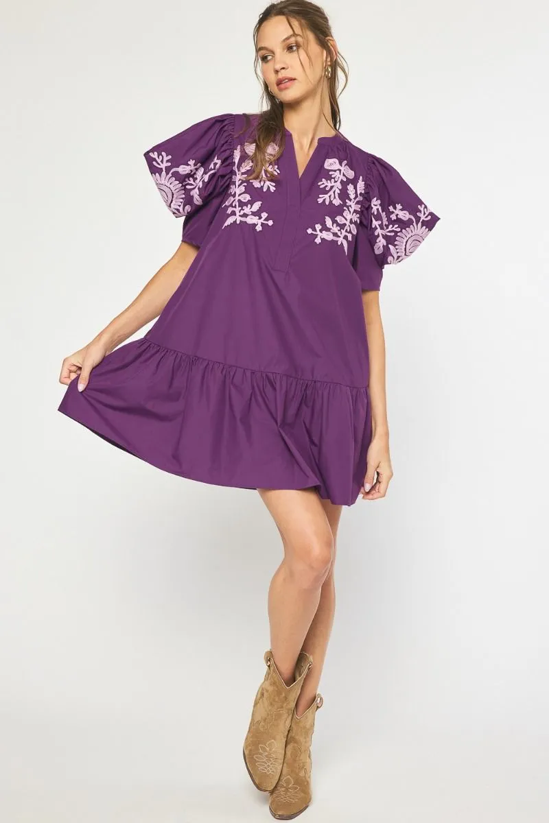 Floral Embroidered Short Sleeve V-neck Mini Dress