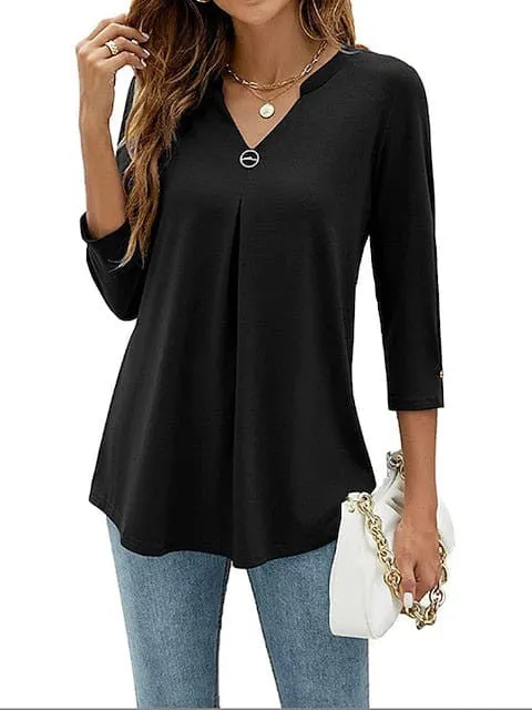 Flowing Tunic with 3/4 Sleeve and V Neck in Black, White, and Pink