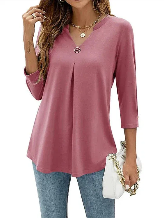 Flowing Tunic with 3/4 Sleeve and V Neck in Black, White, and Pink