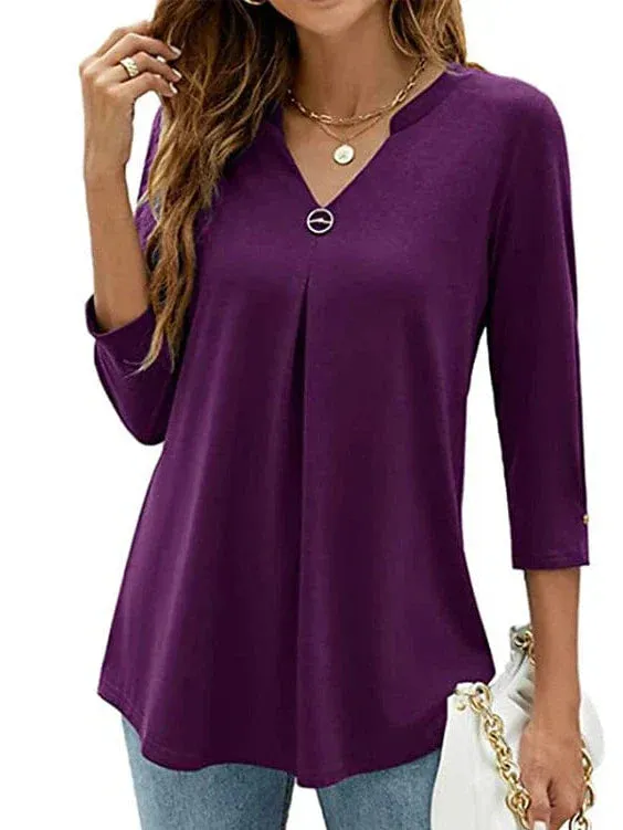 Flowing Tunic with 3/4 Sleeve and V Neck in Black, White, and Pink