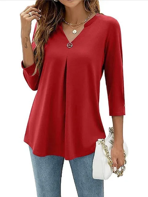 Flowing Tunic with 3/4 Sleeve and V Neck in Black, White, and Pink