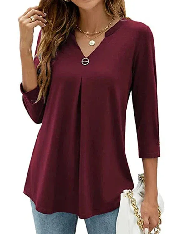 Flowing Tunic with 3/4 Sleeve and V Neck in Black, White, and Pink