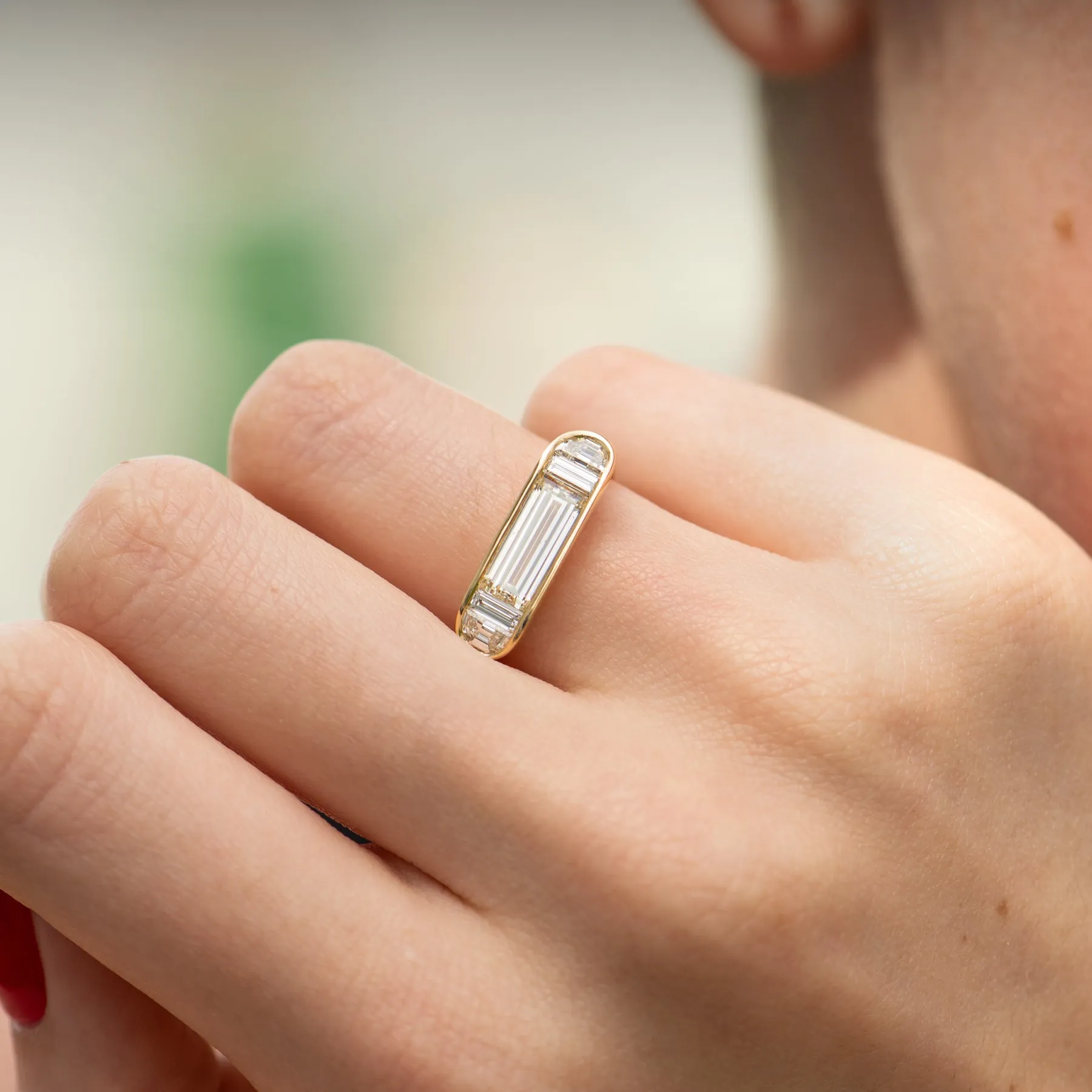 Framed Horizontal Engagement Ring with Half Moon and Baguette Diamonds