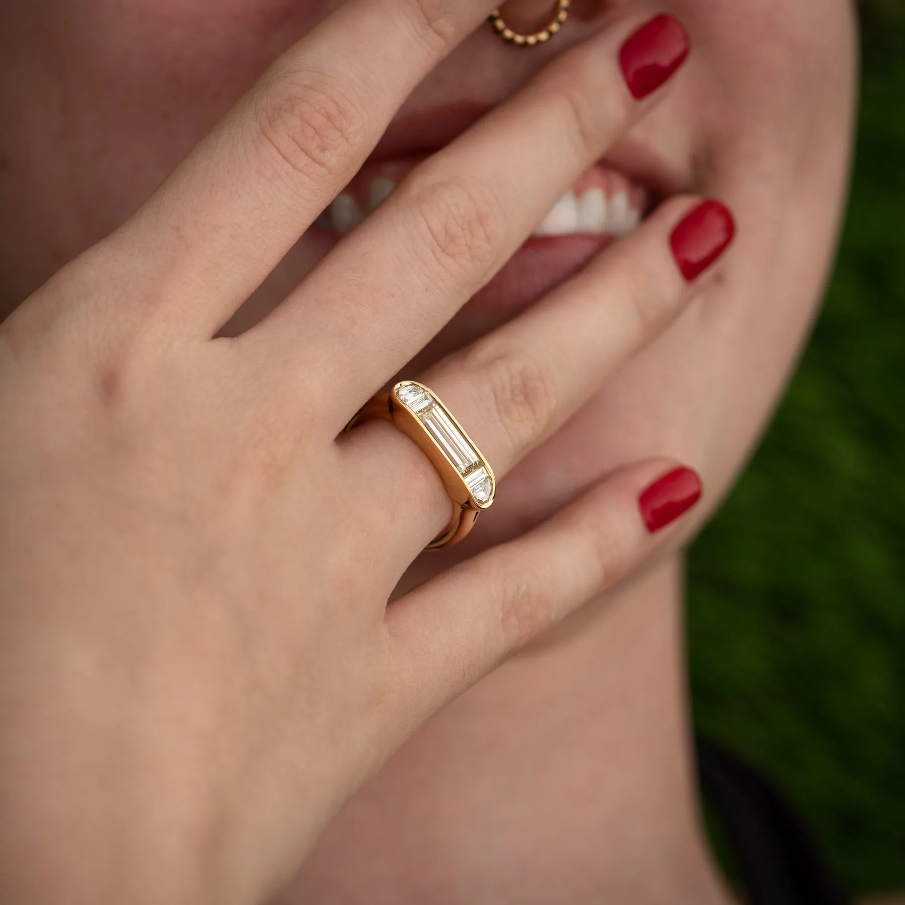 Framed Horizontal Engagement Ring with Half Moon and Baguette Diamonds