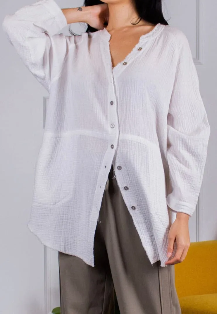 Gauze Button Down Tunic w/Raw Edge- Off White